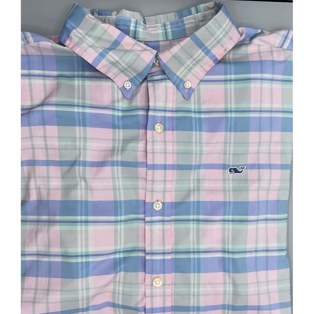 Vineyard Vines Performance Classic Fit Whale Shirt Pink Blue Green Plaid Mens XL